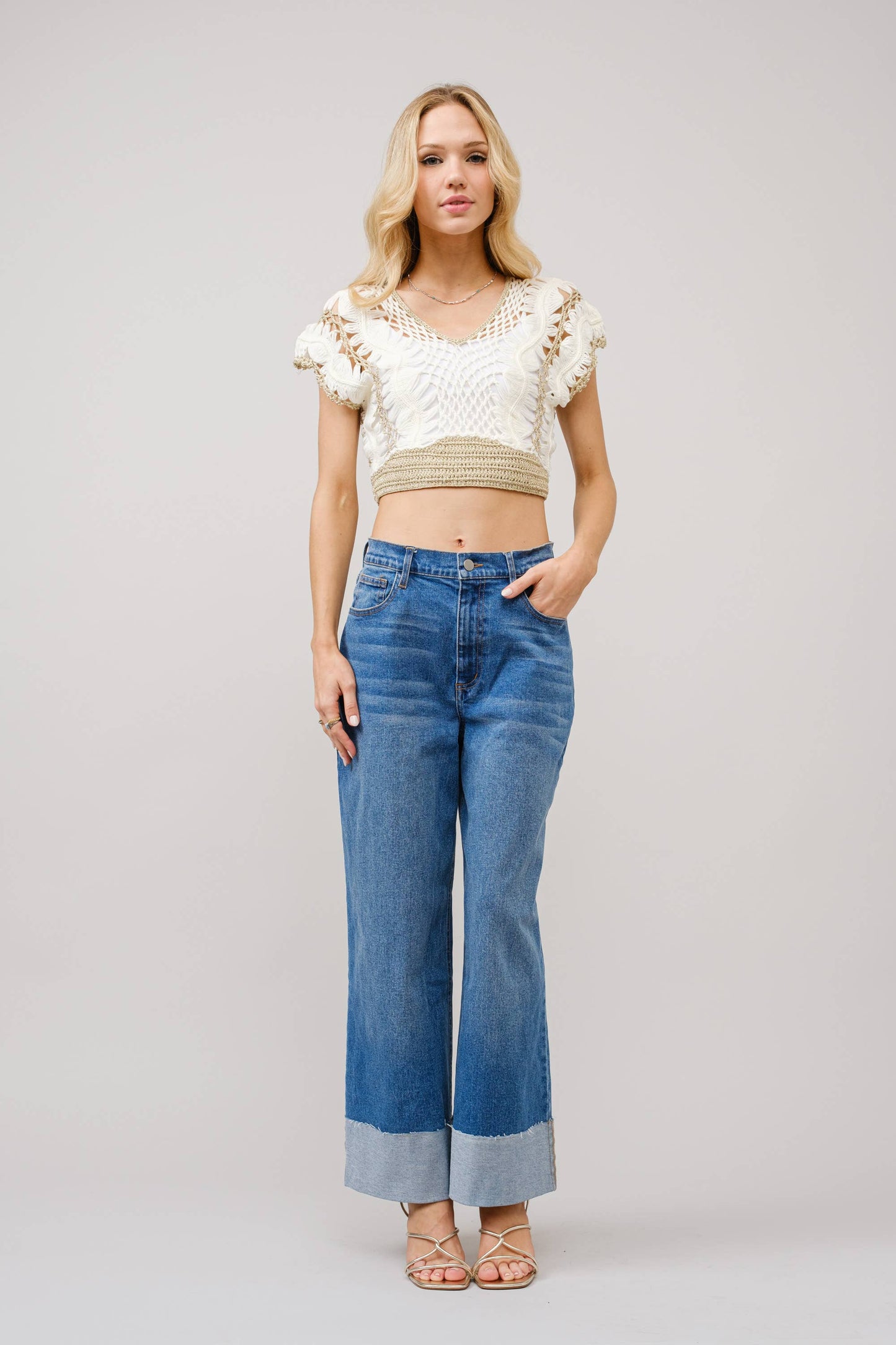 Wide Cuff Mid Rise Stretch Denim Jeans
