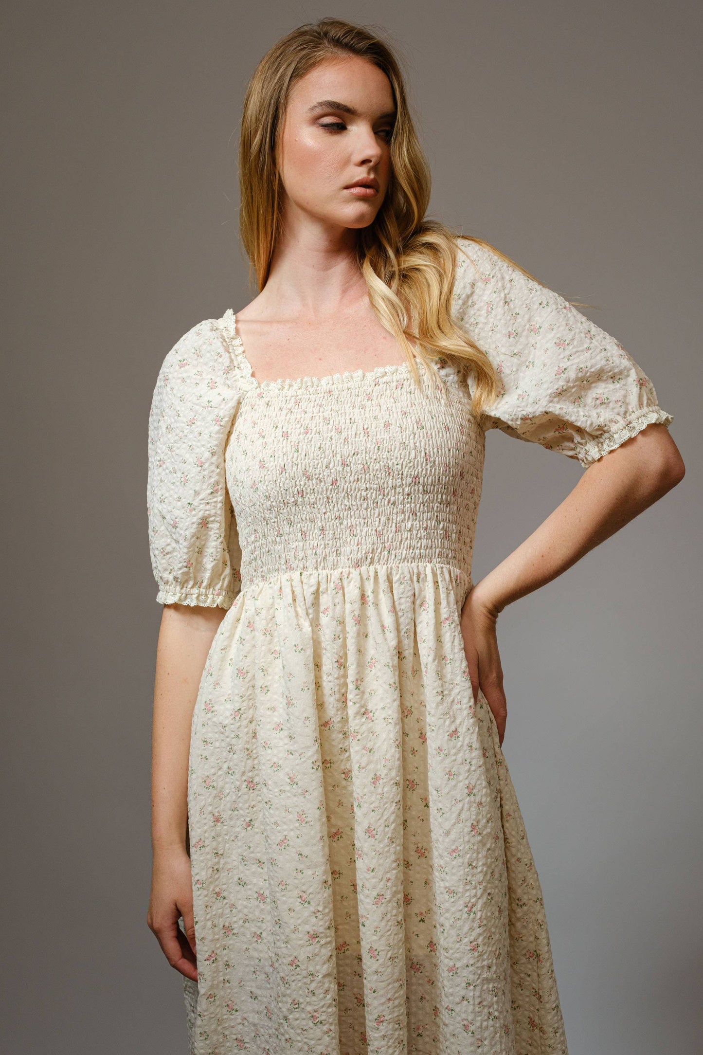 Ditsy Floral Smocked Square Neck Midi Dress