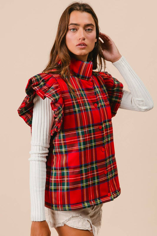 Plaid Ruffled Puffer Vest