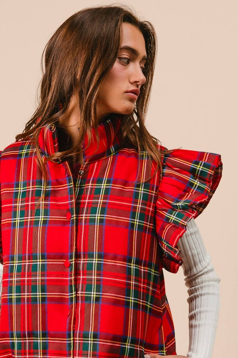 Plaid Ruffled Puffer Vest