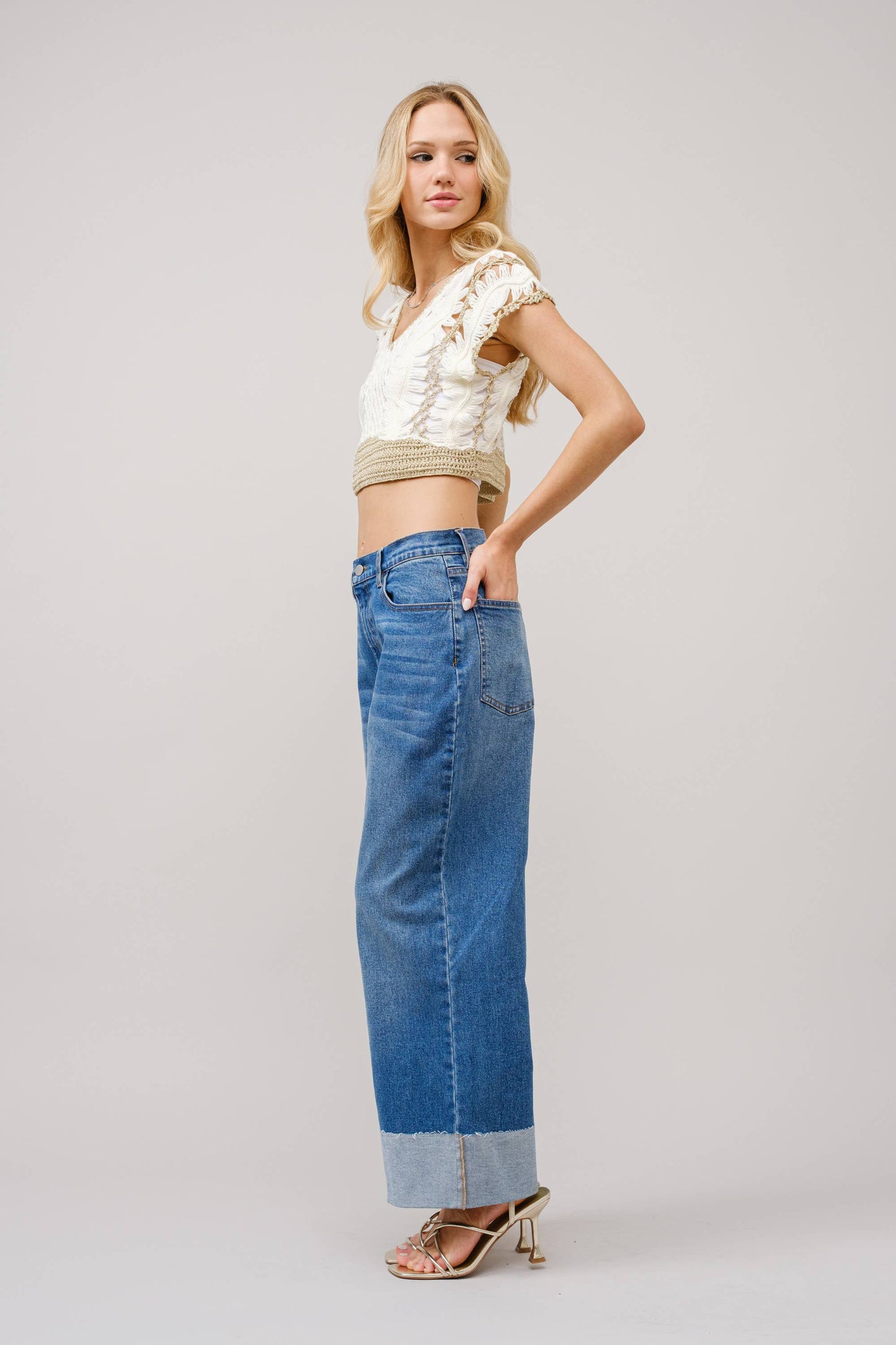 Wide Cuff Mid Rise Stretch Denim Jeans