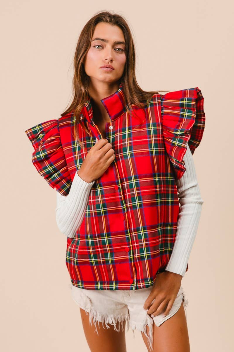 Plaid Ruffled Puffer Vest