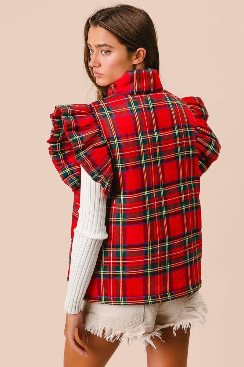 Plaid Ruffled Puffer Vest
