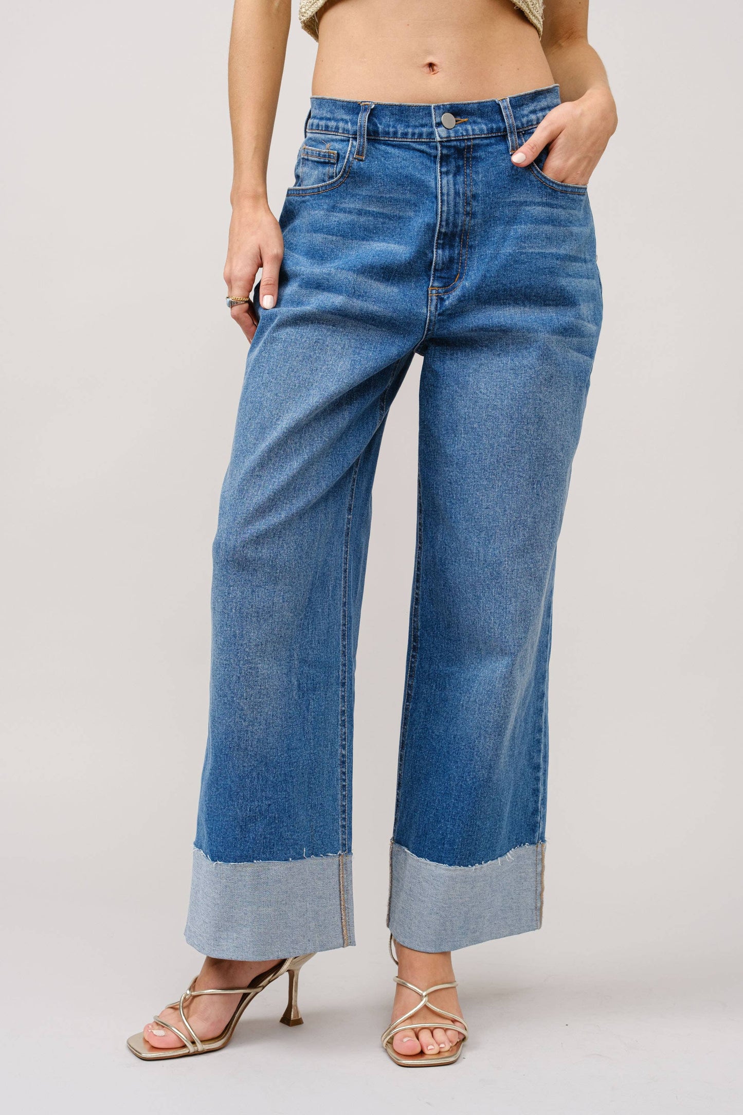 Wide Cuff Mid Rise Stretch Denim Jeans