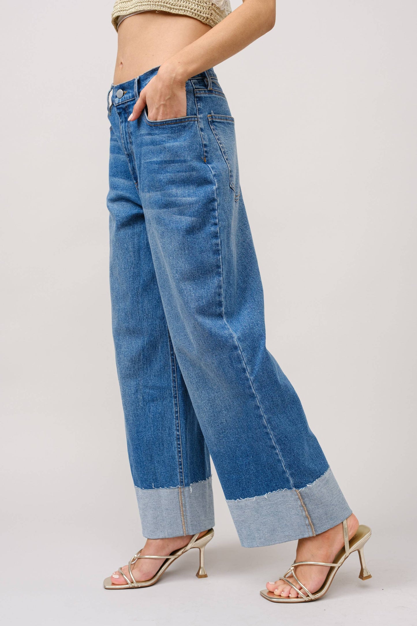 Wide Cuff Mid Rise Stretch Denim Jeans