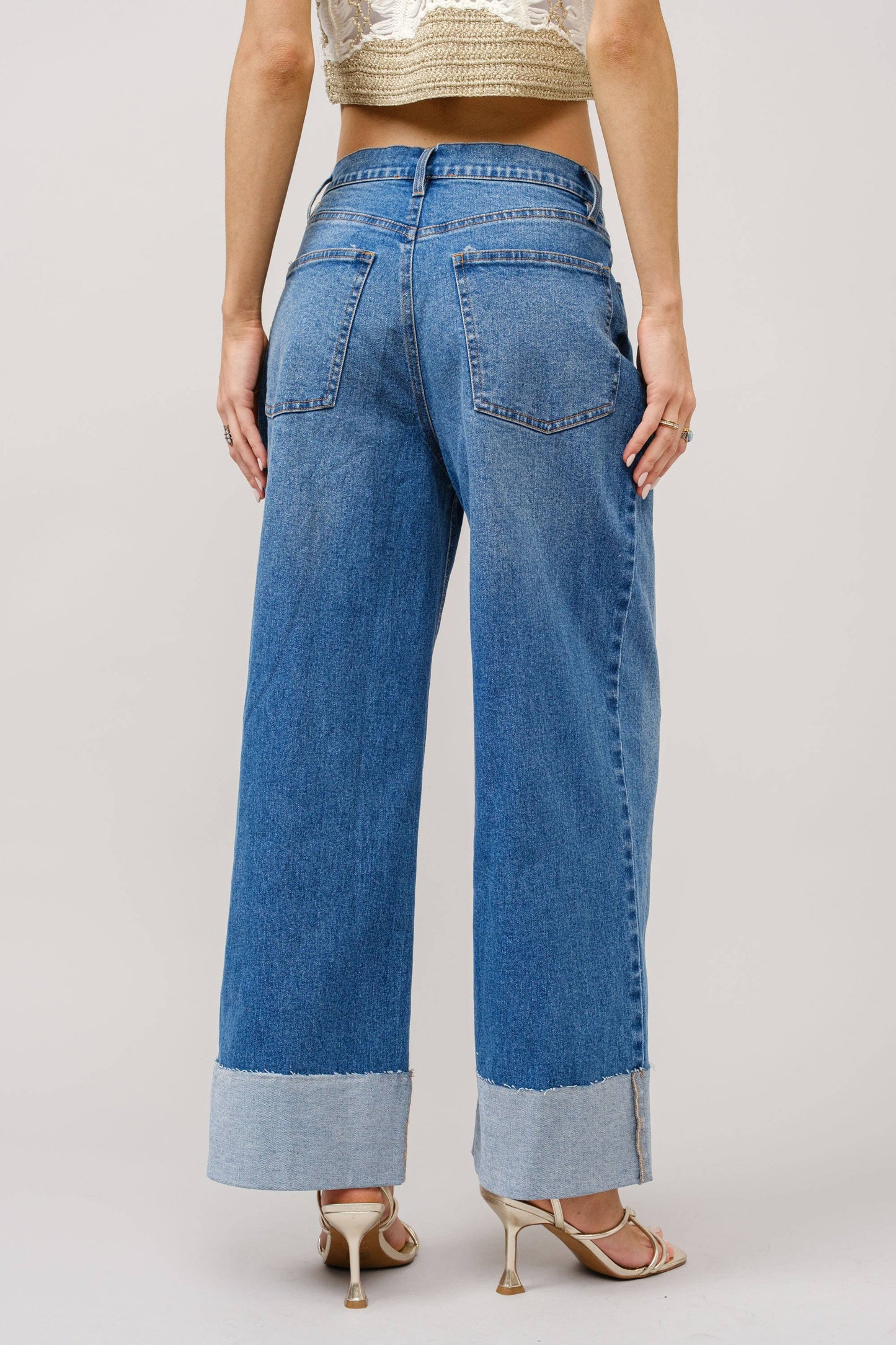 Wide Cuff Mid Rise Stretch Denim Jeans